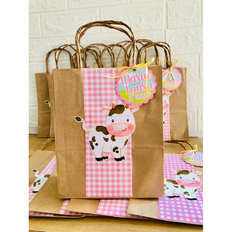 Kit Sacolinhas Personalizadas Fazendinha Vaquinha Kraft I Lembrancinha Country Caixinha Surpresa I Lancheira
