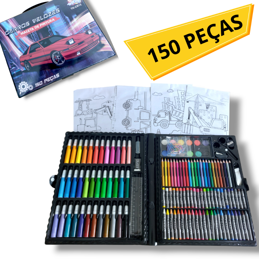 Maleta Pintura Estojo 150 Peças + Desenho Pintar Canetinhas Para Criança Feliz