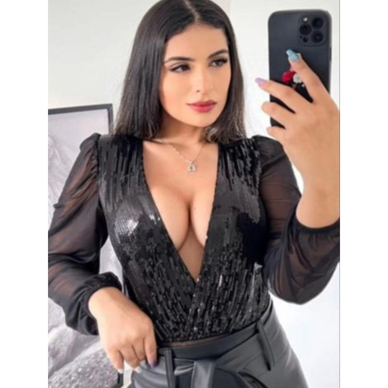 Body/ Bory Blusa Luxo Paetê Manga Longa Tule Decote V Cavado Look Balada