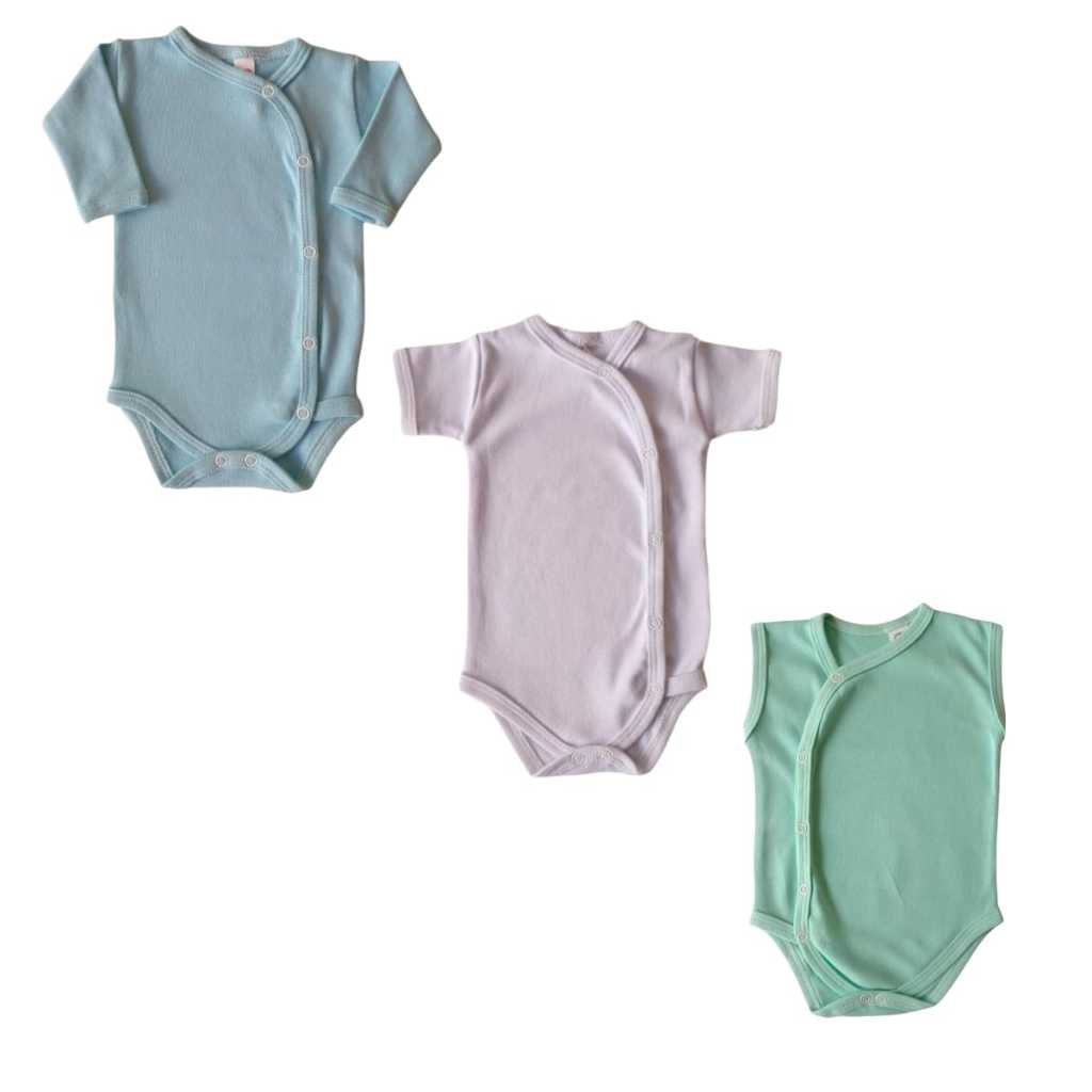 Kit 3 Peças Body Kimono Manga Longa + Manga Curta + Regata Para Bebê Enxoval Algodão