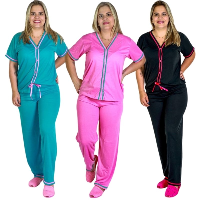 Pijama Blogueirinha Meia Manga com Calça Ideal Amamentação | Pijama Americano Cirúrgico Botões em Oferta na Shopee