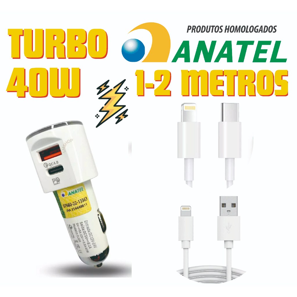 Carregador IOS 40W Veicular Automotivo Carro Turbo Homologado Anatel iPhone X XR 11 12 13 14 Pro