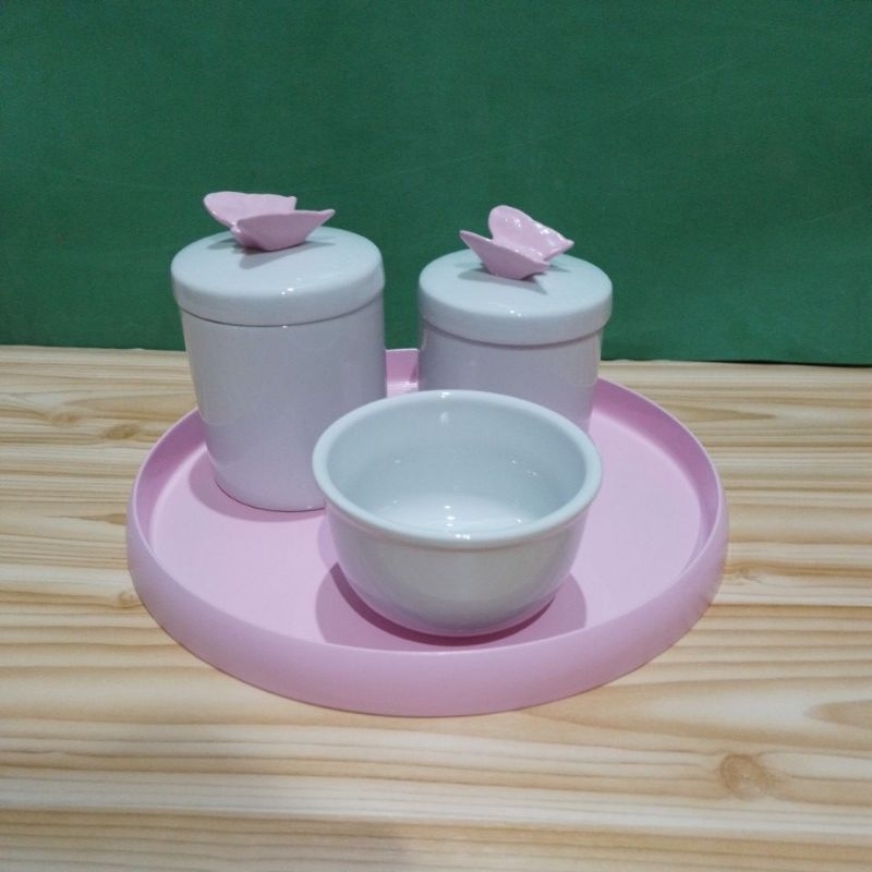 KIT HIGIENE BEBÊ PORCELANA BRANCO BANDEJA RESINA CORES