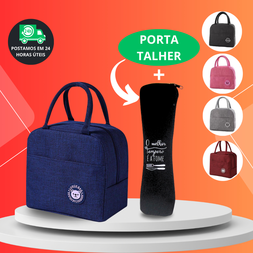 Kit Bolsa Térmica Com Alça Para Marmita Lancheira Viagem + Porta Estojo Talher Feminina Masculina