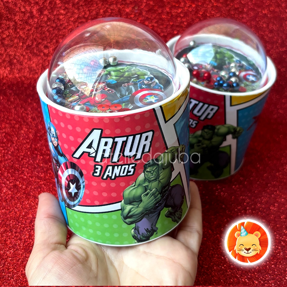 KIT Tubolatas Vingadores Super Heróis com Cúpula, Bola Acrílica, Esfera Personalizado 8x8cm