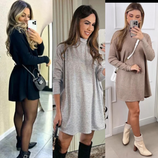 Vestido feminino poncho gola alta cacharrel elegante soltinho manga longa em Oferta na Shopee