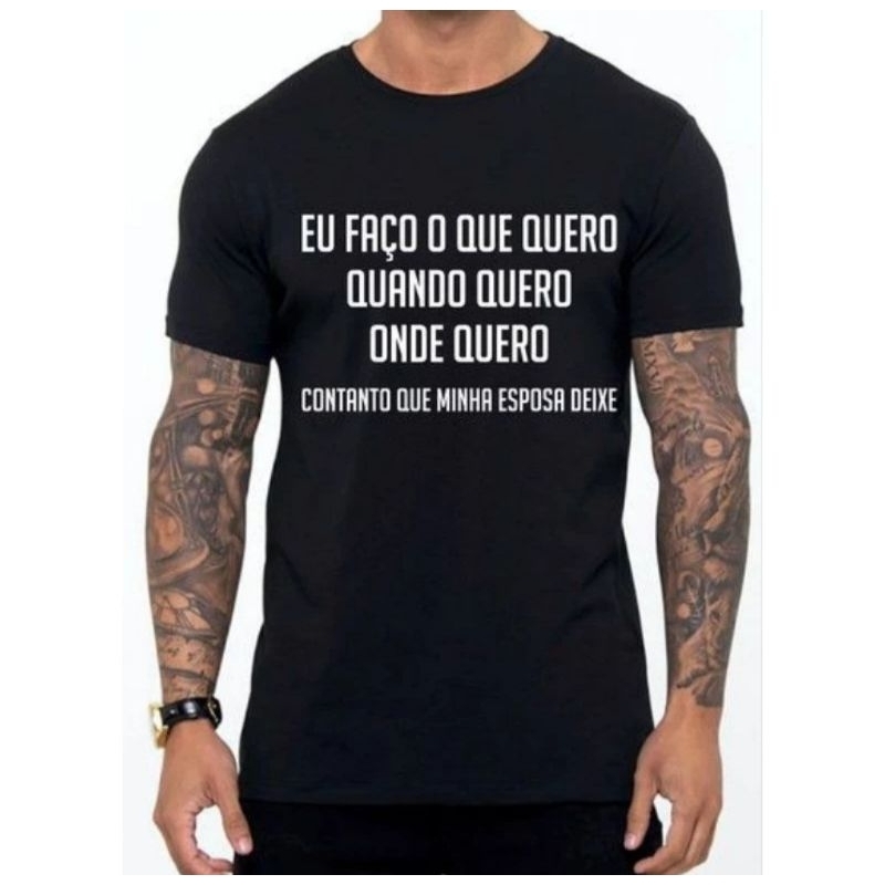 Camiseta Eu Faço Oque Quero Quando Quero Onde Quero Contando Que Minha Esposa Deixe Camisa Algodão Frases Engraçada Meme Humor Casal Carnaval Modinha Blusa Casual Estampada Preto Básico Tumblr Promoção Envio Rápido Unissex Masculino feminino