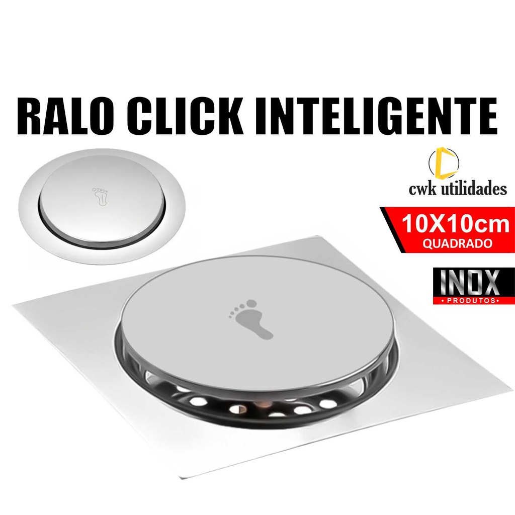 Ralo Click Inteligente 10x10cm Inox Piso Banheiro Quadrado Redondo