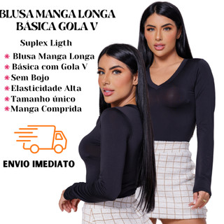Blusa  Feminina Gola V Em Suplex Ligth Básica Com Manga Longa Lisa