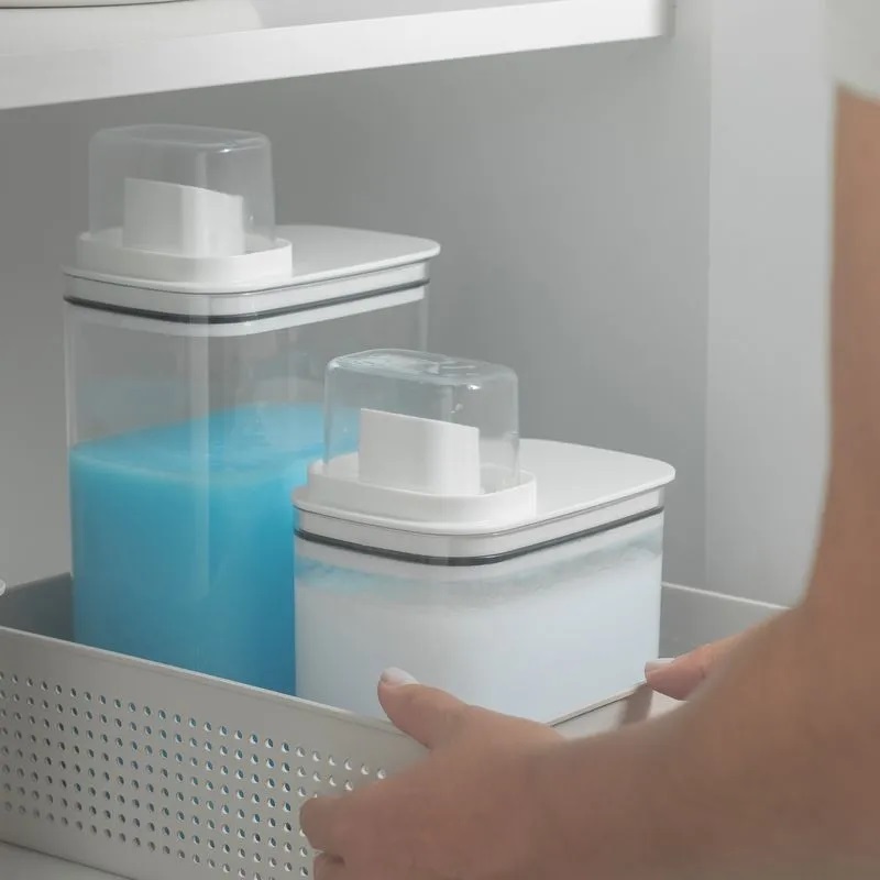 2 Porta Sabão em Pó Líquido Dispenser Flow Transparente Amaciante Organizador Lavanderia 1,5l e 2,3l