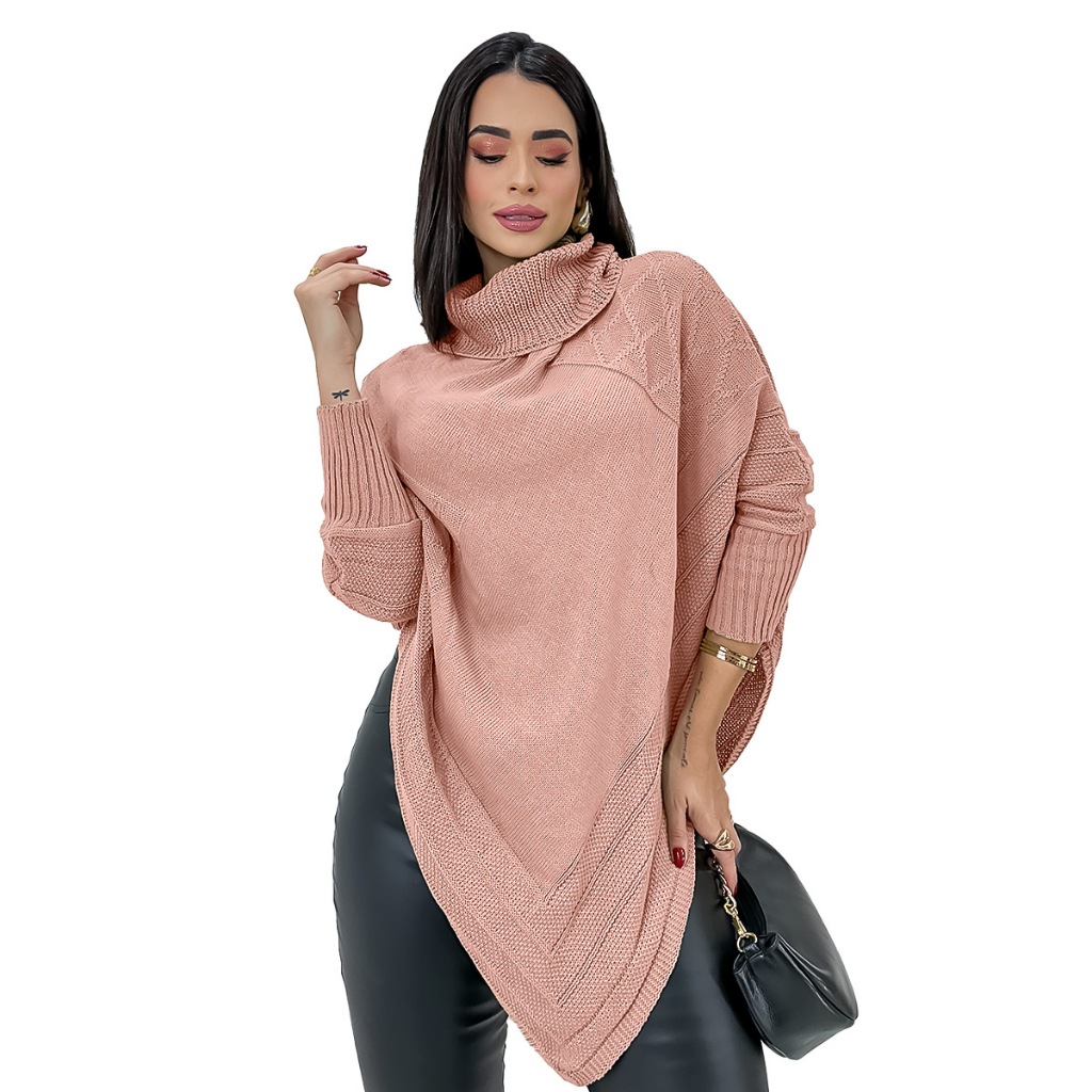 Blusa Tricot Feminina Poncho Bico Manga Longa Soltinho Inverno