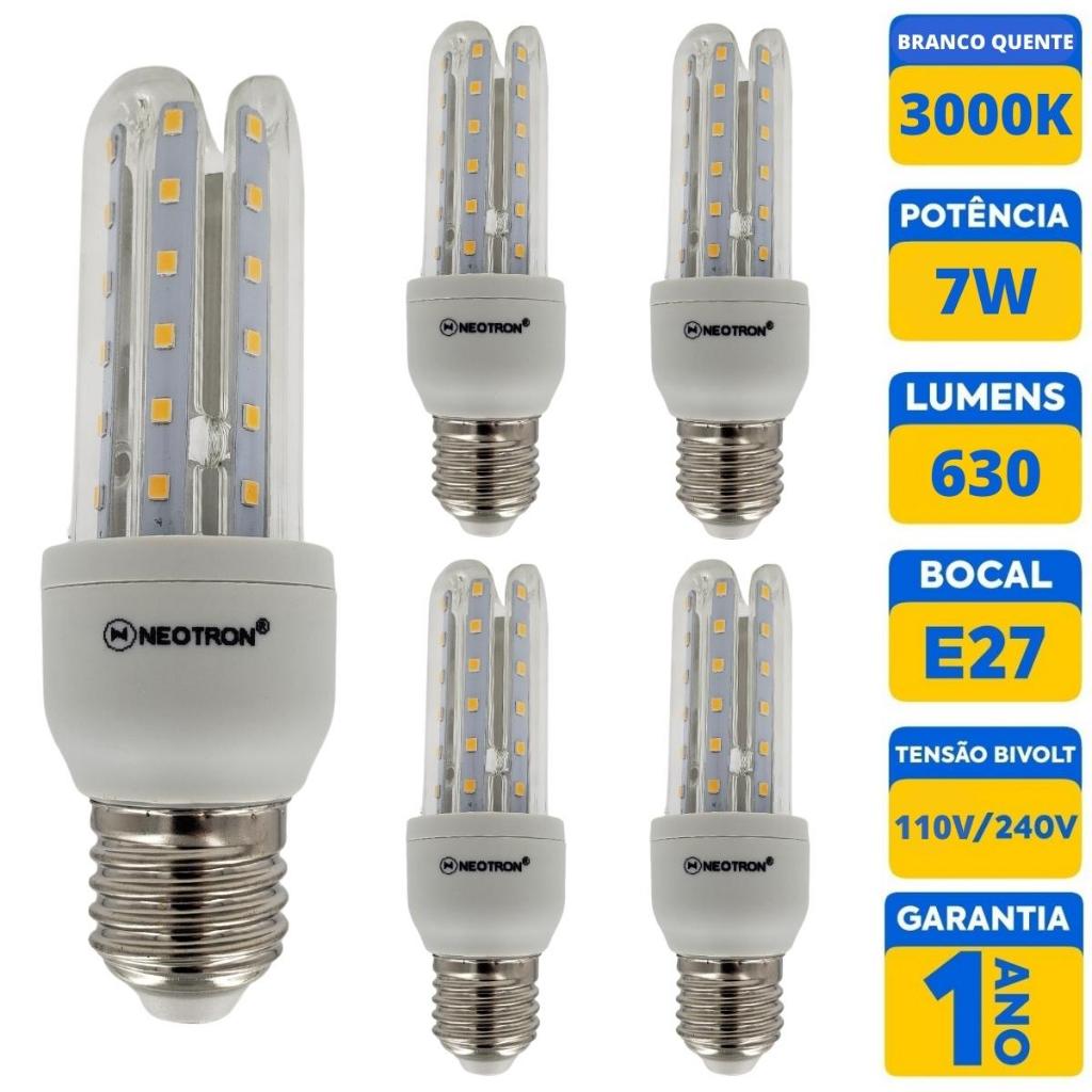 KIT 5 Lâmpadas LED Compacta 7W 3000K Luz Amarela Branca Quente Bivolt 110/220V 3U E27 NEOTRON 630 Lúmens - Decorativa Cozinha Casa Residencial Soquete Padrão Luminária Compacta Espiga Milho Formato U