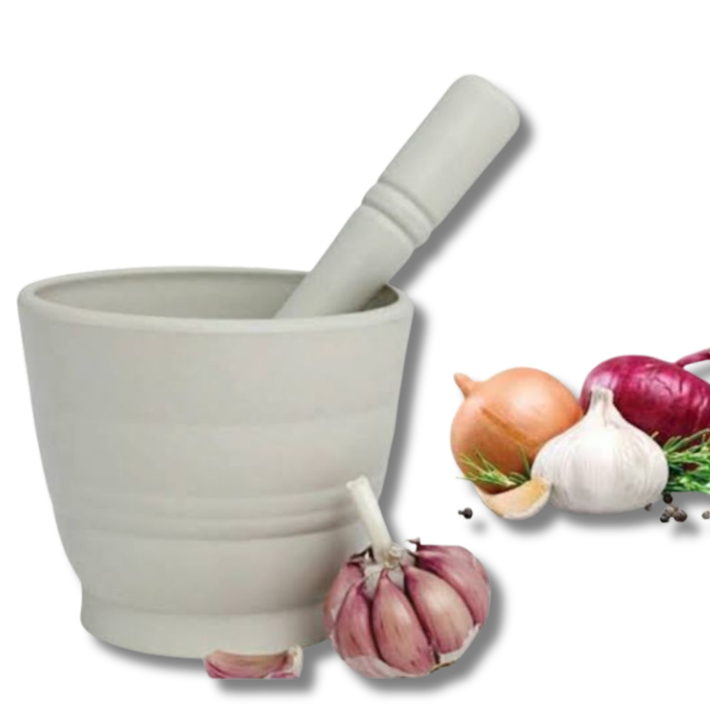 Pilão + Socador Alho Caipirinha Cebola Branco Plastico Grande Reforçado Cozinha Casa Alimento Util Kit