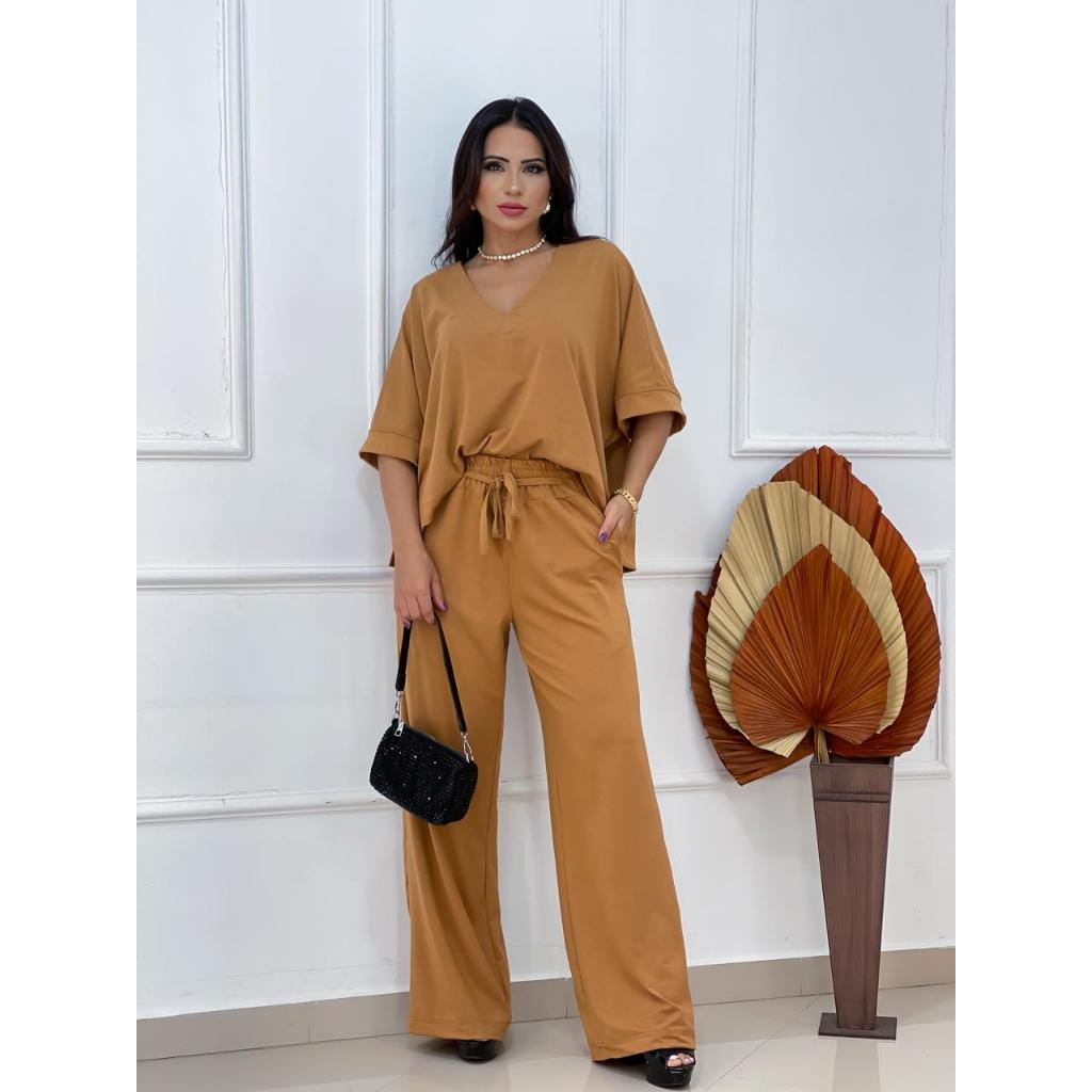 Conjunto Feminino Confortavel Malha Viscolycra Blusa Oversized e Calça Pantalona com Bolsos em Oferta na Shopee