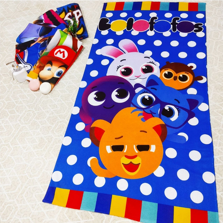Toalha de Banho e Praia Personalizada Temática Bolofofos Azul Infantil Gigante Estampada Algodão
