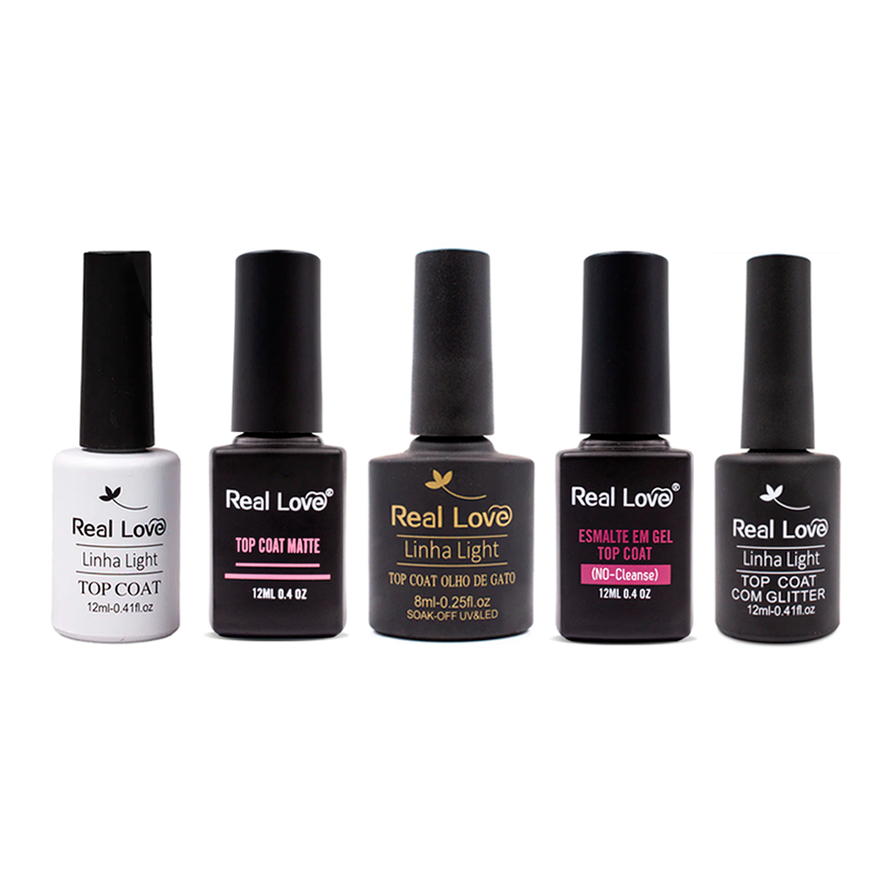 Real Love Top coat frasco e sachê (top coat linha light 12ml, top coat mate 12ml, olho de gato 8ml, no cleanse 12ml, top colt com glitter 12ml, blindado sachê 10ml) Finalizador para unhas topcoat reallove a sua escolha