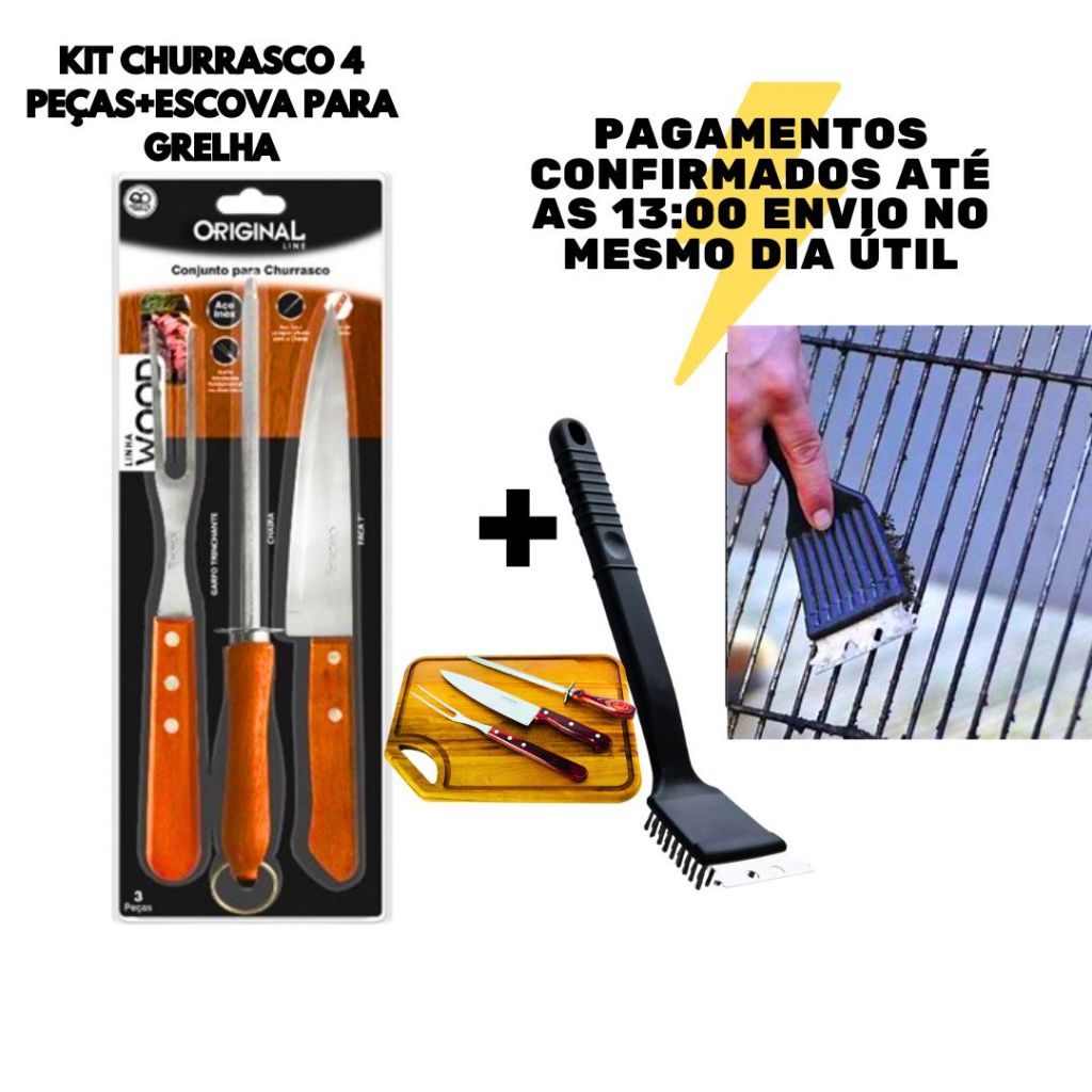 Kit Churrasco Completo aço inox 4 Peças +Limpa Grelha Escova De Aço Para Grelha