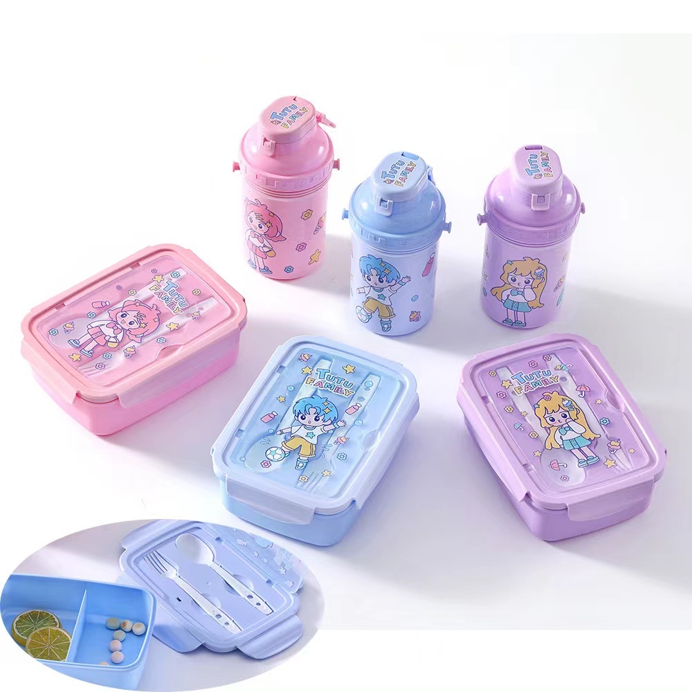 kit Crianças almoço lancheira com talheres de plástico garrafa de água lancheira escolar bento box