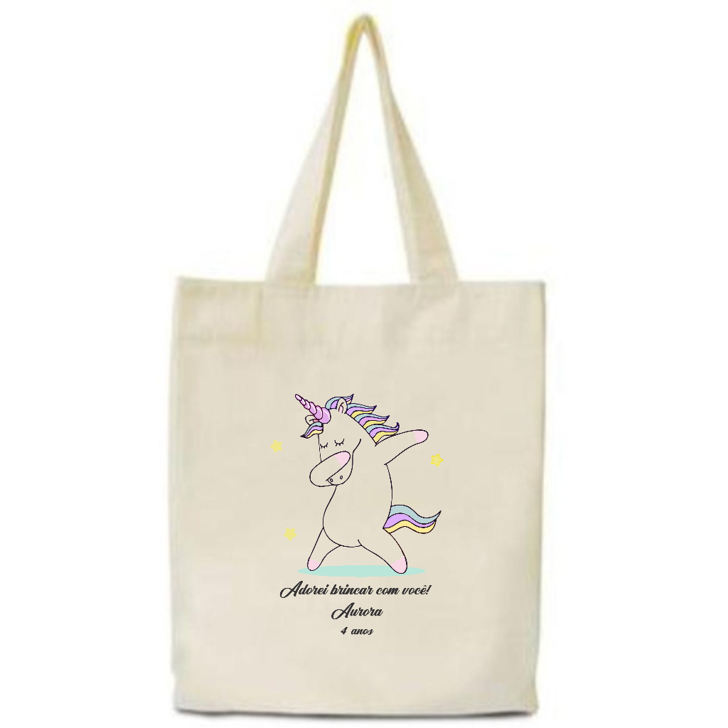 Kit 25 Sacolas Algodão Ecologicamente Correto 25x30 Transfer 14x20 Personalizadas Unicórnio p/ Festa