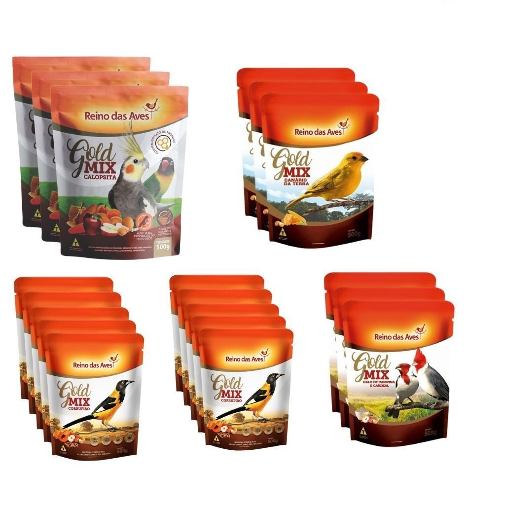 Kit 3 Unid calopsita +3 canário da terra +3 Galo de Campina + 10 Corrupião Gold MIx Reino das Aves