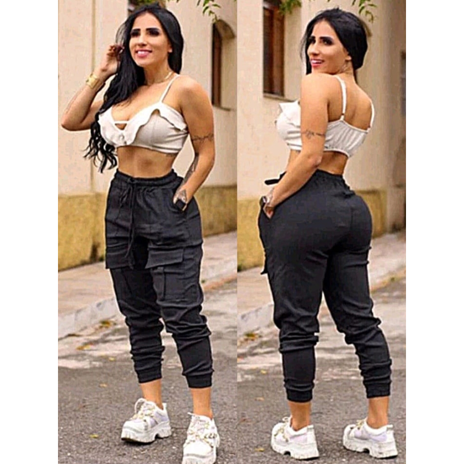 calça jogger cargo feminina tecido bengaline, estilo streedwear, comforto, tendência em Oferta na Shopee