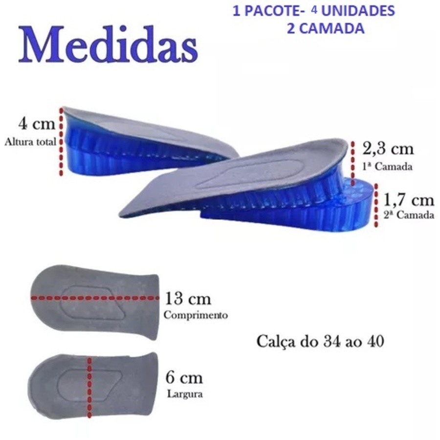 Oferta Par De Palmilhas De Silicone Aumento De Até 4cm De Tamanho Elevação De Altura Confortavel Calça Dos 34 Aos 40 Gel Silicone Meia Esporão Calcanhar