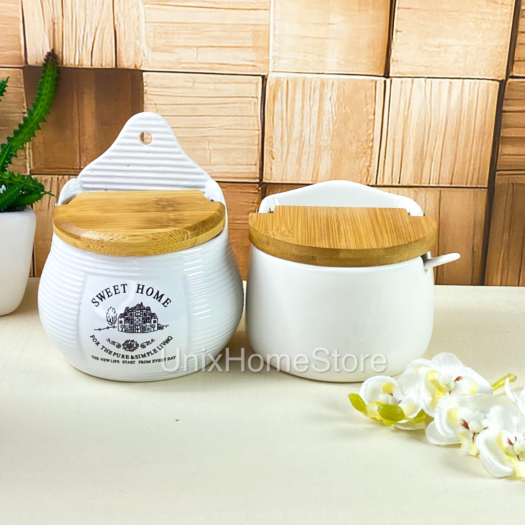 Porta Açúcar Açucareiro ou Sal Saleiro de Bambu ou Porcelana com Colher Mesa Posta Organizador Multiuso