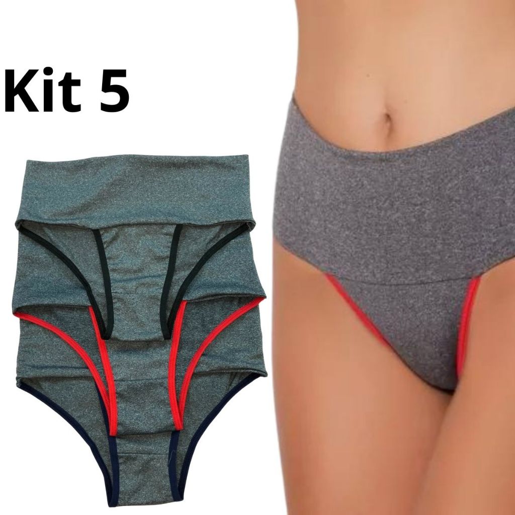 Kit 5 Calcinha Cós Alto Modeladora Fitness Seca Barriga