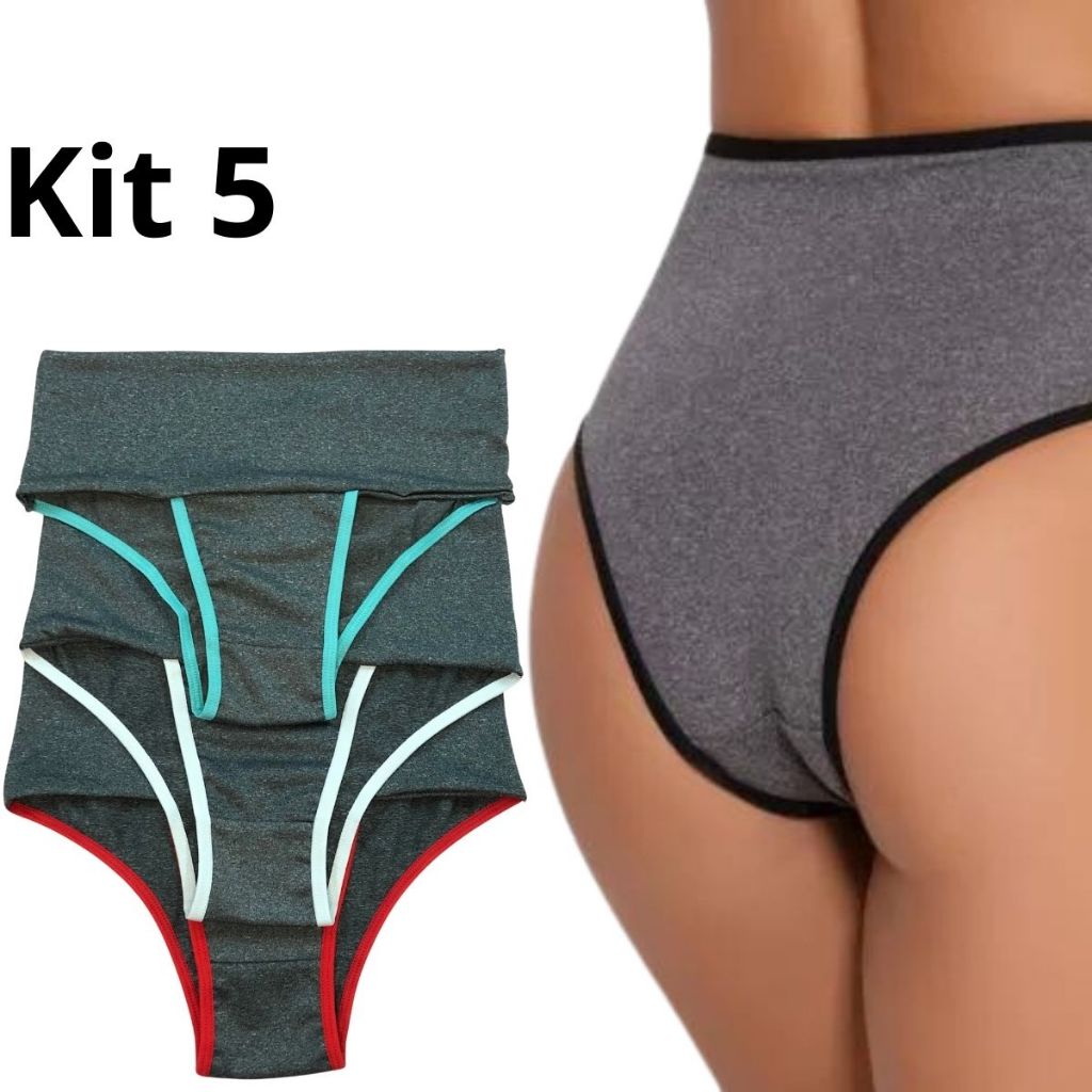 Kit 5 Calcinha Cós Alto Modeladora Fitness Seca Barriga