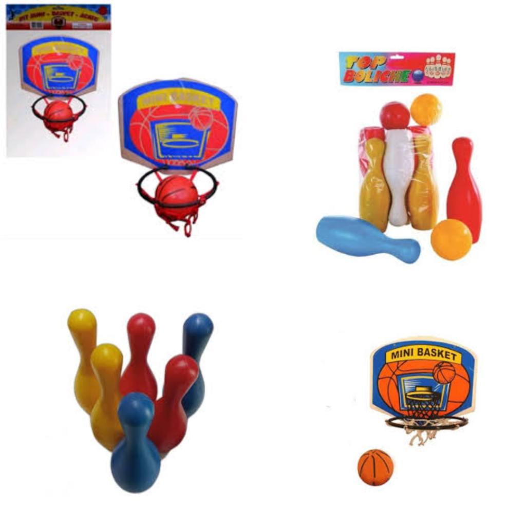 Kit 2 Jogos Mini Basquete c/ Tabela, Cesta  Bolinha  1 Jogo de Mini Boliche c/ 6 Pinos e 2 Bolinhas