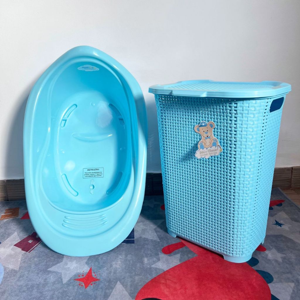 Cesto de Roupa Baby Infantil 30l e Banheira Plastibaby Para Bebê 22 Litros
