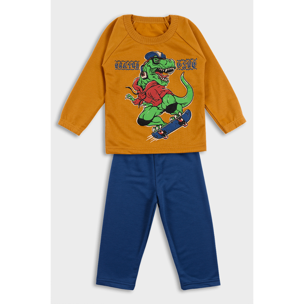 Conjunto de Inverno Infantil Mostarda com T-Rex Skatista