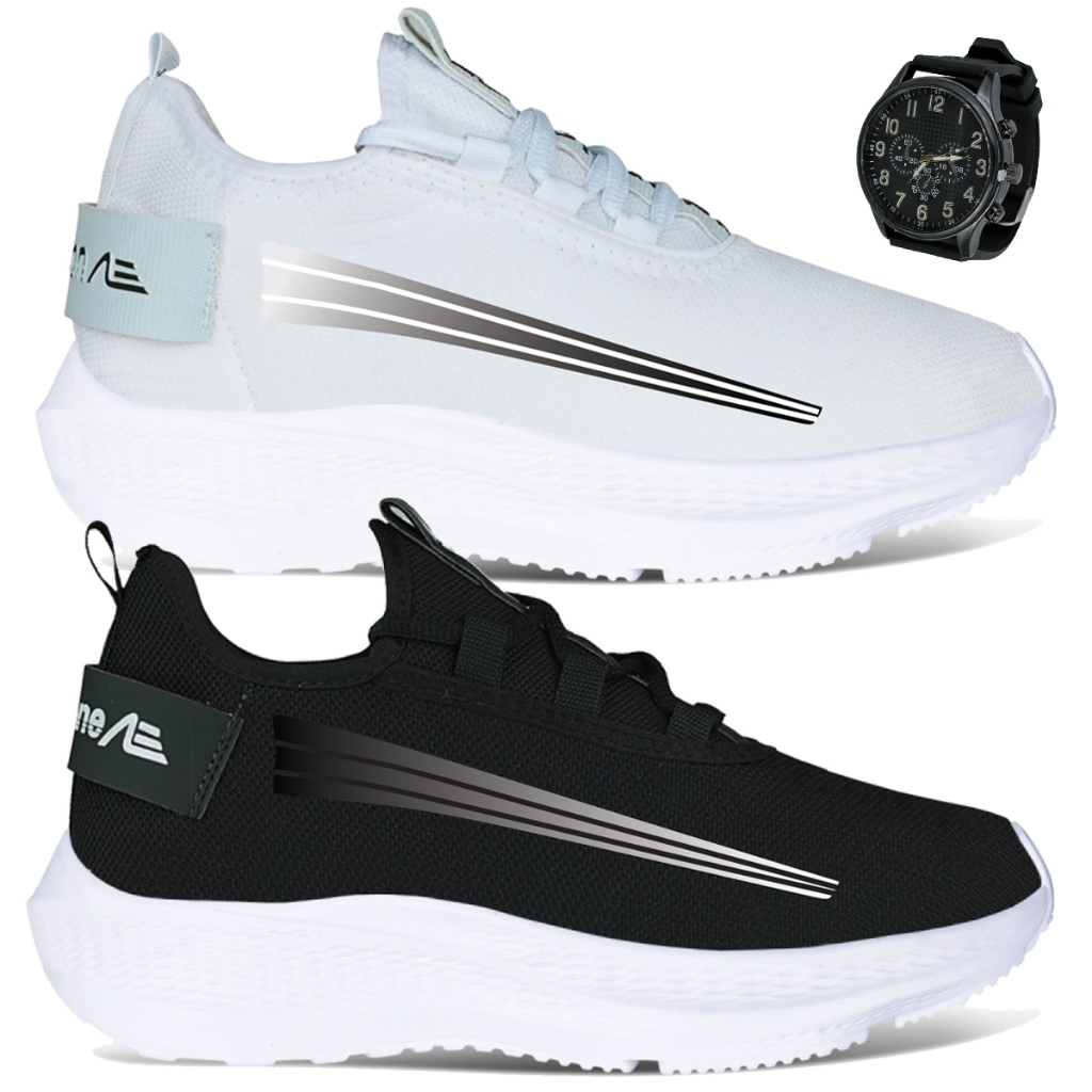 Kit 2 pares Tênis Masculino Leve Confortável Academia + Relógio