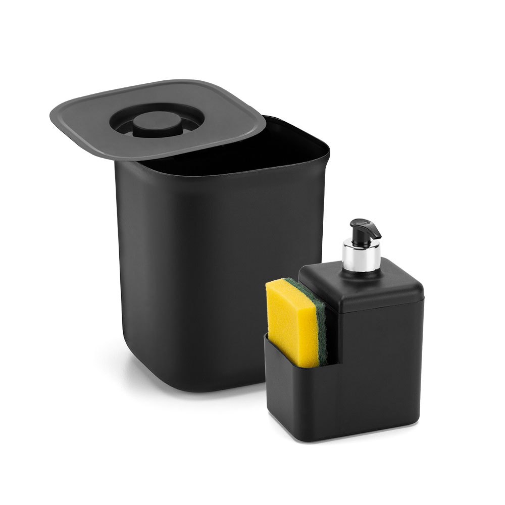 Kit Lixeira 4 Lts + Dispenser Porta Detergente e Bucha Preto DasPlast - Home & Living