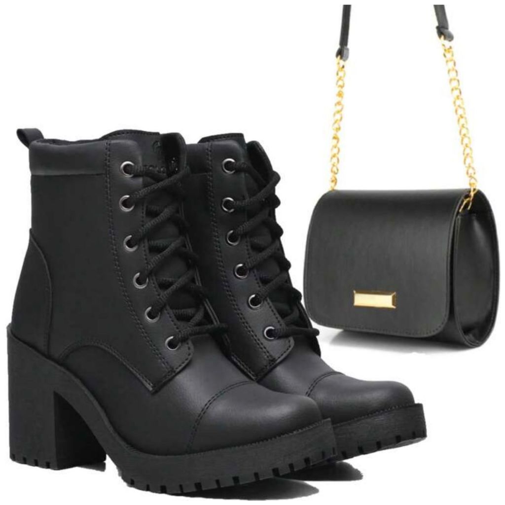 Bota Coturno Feminina Casual Confortável De Salto Alto Blogueira Com Cano Medio Ajustável + Bolsa Transversal