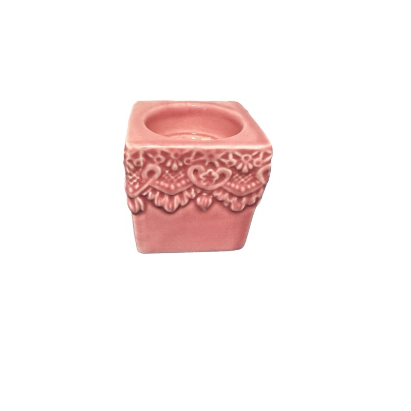 Castiçal Cubo Renda Rosa Porcelana 7 cm
