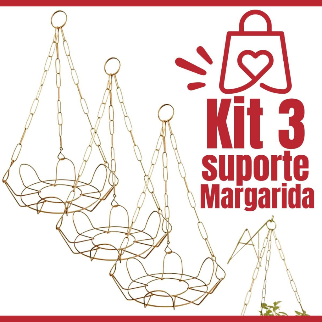 Kit 3 Suporte De Vaso Suspenso Margarida Dourado Para Planta Pendente Samambaia Avenca Orquídea + Corrente de Metal 44cm