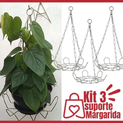 Kit 3 Suporte De Vaso Suspenso Margarida Preto Para Planta Pendente Samambaia Avenca Orquídea + Corrente de Metal 44cm
