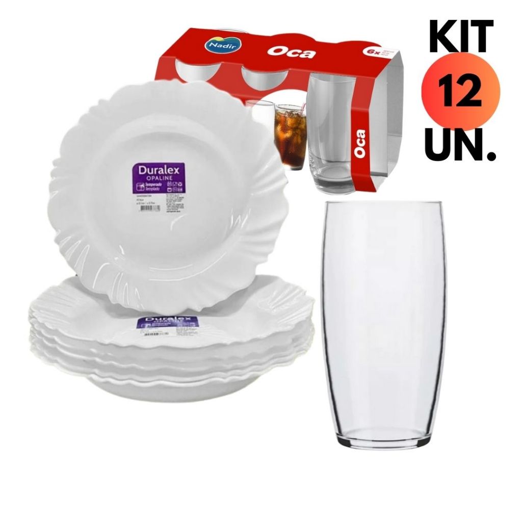 Jogo 12UN. Aparelho Jantar 06 Prato Fundo Vidro Petala+ 06 Copo Oca 300ML Almoço Servir Mesa Posta