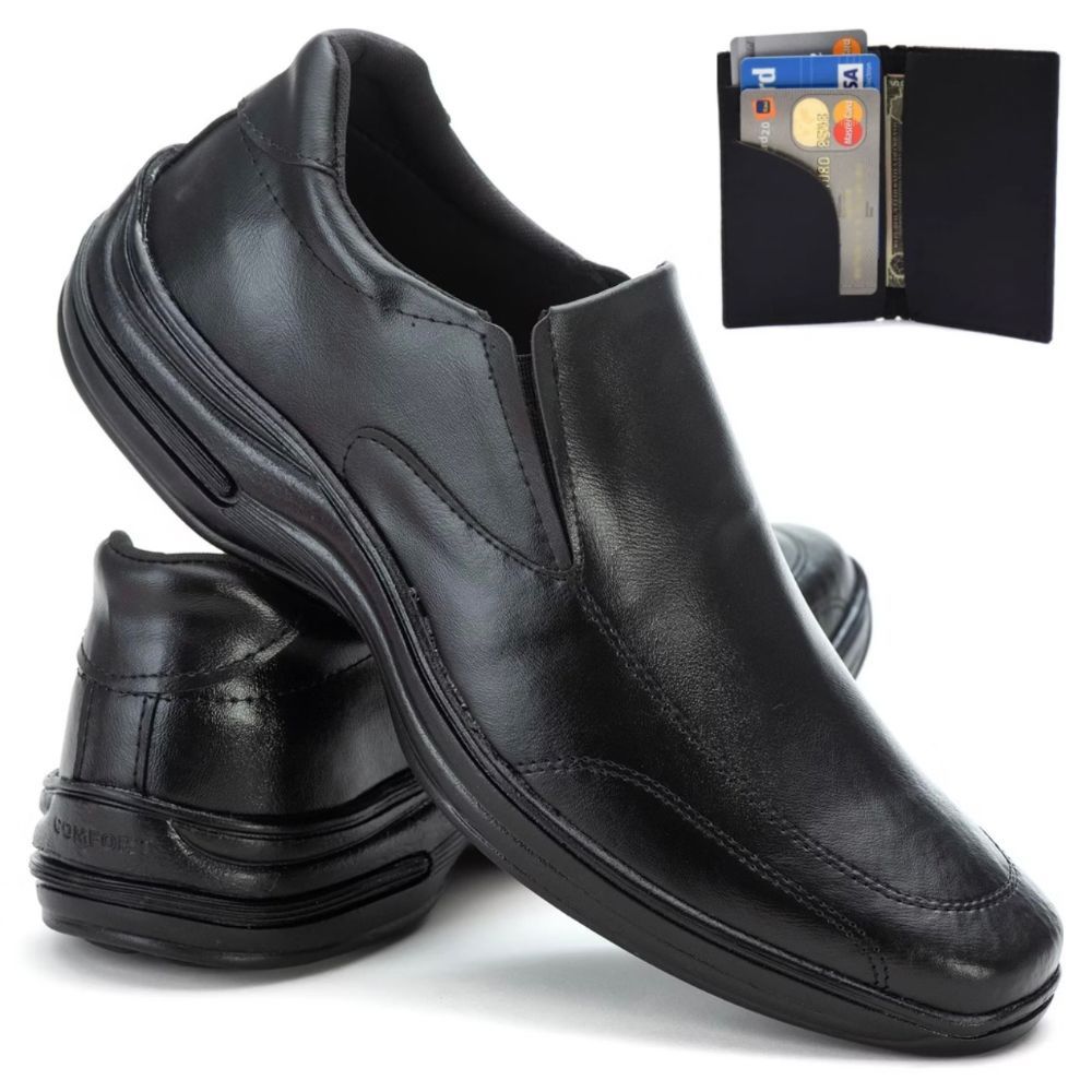 Sapato Social Masculino Ortopedico Esporão Couro Legitimo Costurado Confort Super Macio com Elastico Ajustavel+ Carteira