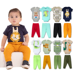 Kit 12 Peças de Roupas para Bebê Menino (6 Body Curto + 6 Calça Mijão)Kit 6 Body Roupa Infantil Bebê