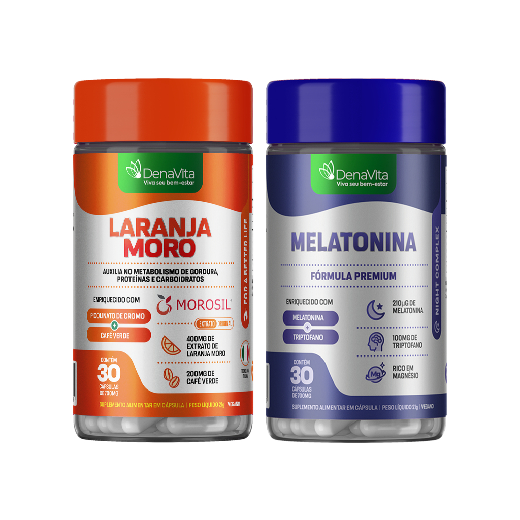 Kit Extrato de Laranja Moro + Cromo + Café verde 3x1 + Melatonina e Triptofano 3x1 Vegano - Denavita