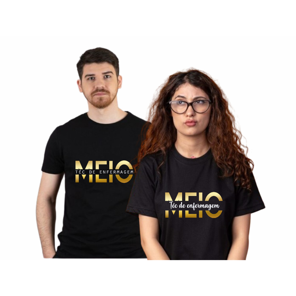 Camiseta Baby Look Preta Meio Enfermeira Meio Técnico de Enfermagem
