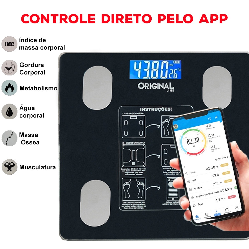 Balança De Bioimpedância Corporal Bluetooth 12 Índices Vidro Temperado 140kg Aplicativo Original