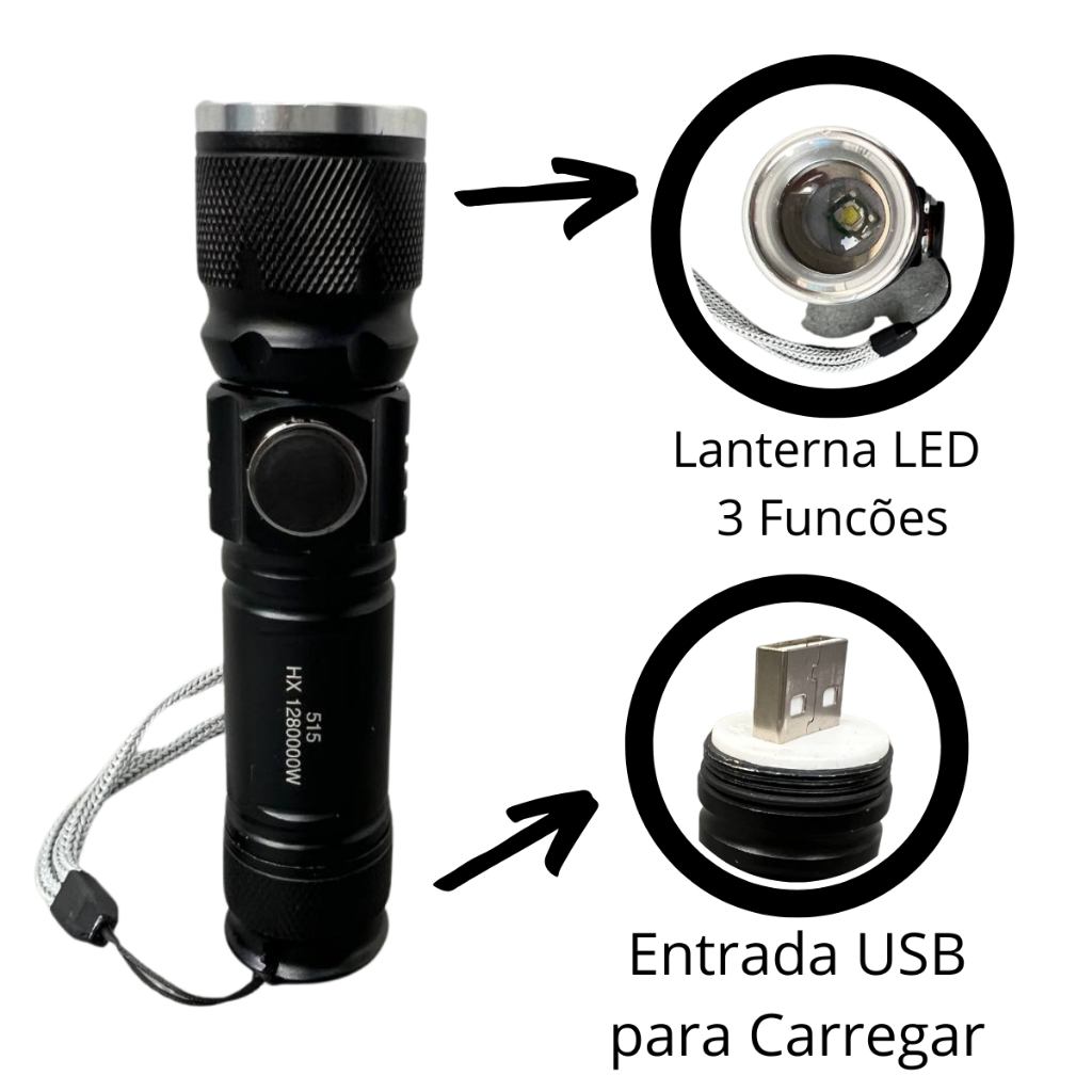 Lanterna Tática Led e Telescópica de Led com 3 Funções e Recarregável via USB - Lanterna Portátil