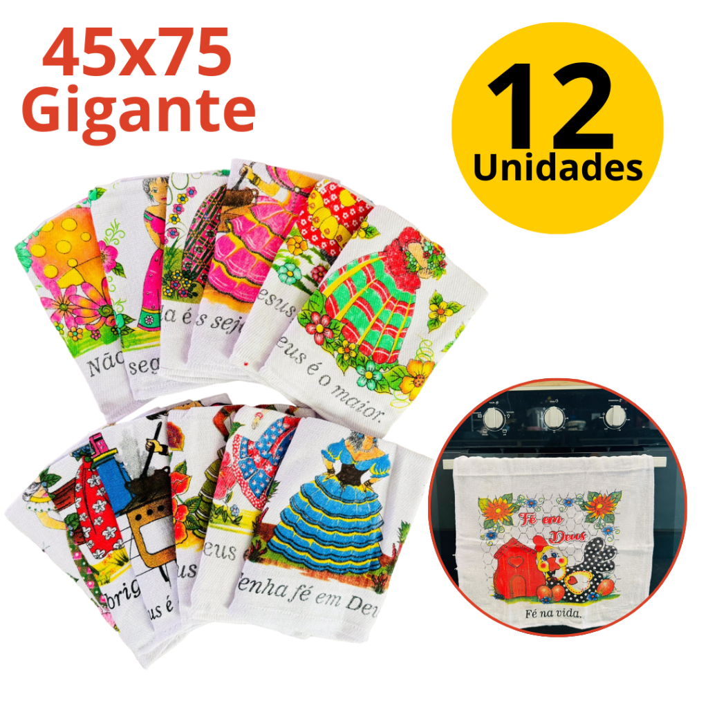 Jogo 12 Pano de Prato Cozinha 45x75 Grande Seca Louça Decoração