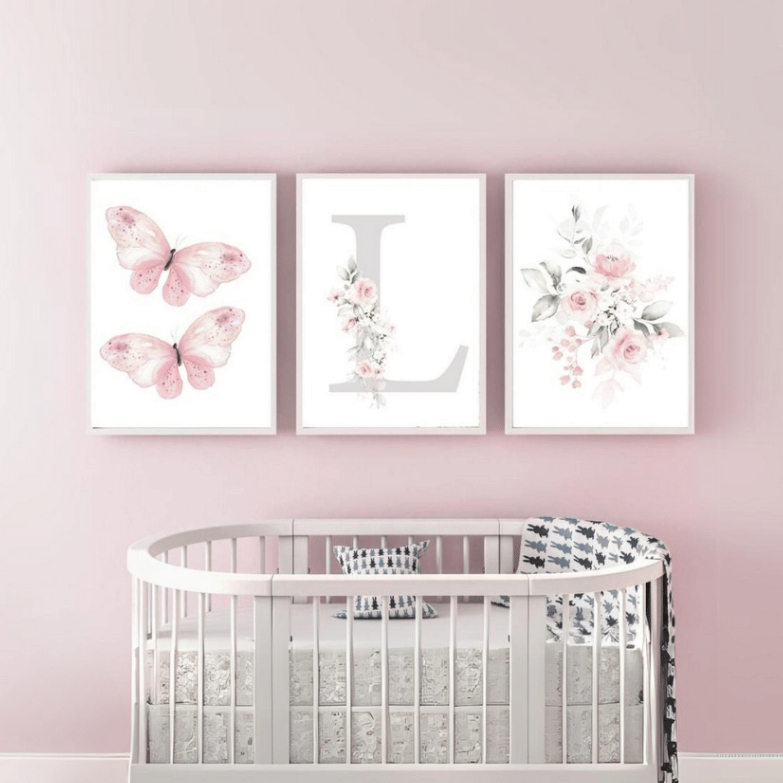 Quadros de Decoração para Quarto Menina- Inicial de Nome/letra L/borboletas - 3 Peças 60x4...