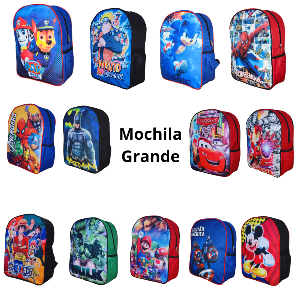 Mochila Infantil Escolar Grande Personagens Meninos Bolso para Garrafa