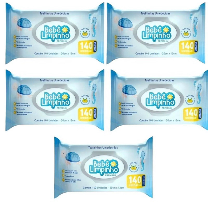kit 5 pcts de toalhas umedecidas bebê limpinho c/140 cada pacote