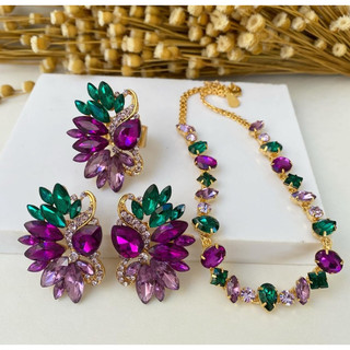 Brinco, anel e colar roxo e verde com banho festa luxo dani Brinco roxo colar roxo